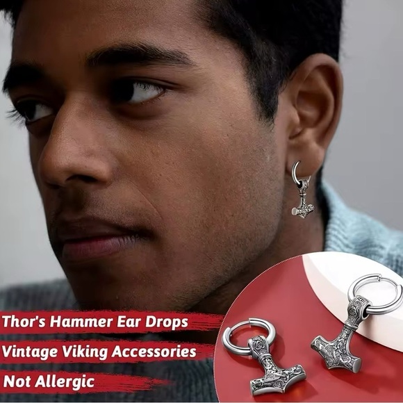 Black Gun Metal Gold Mjolnir Thor’s Hammer Viking Runes Unisex Hoop Earrings - Picture 6 of 7